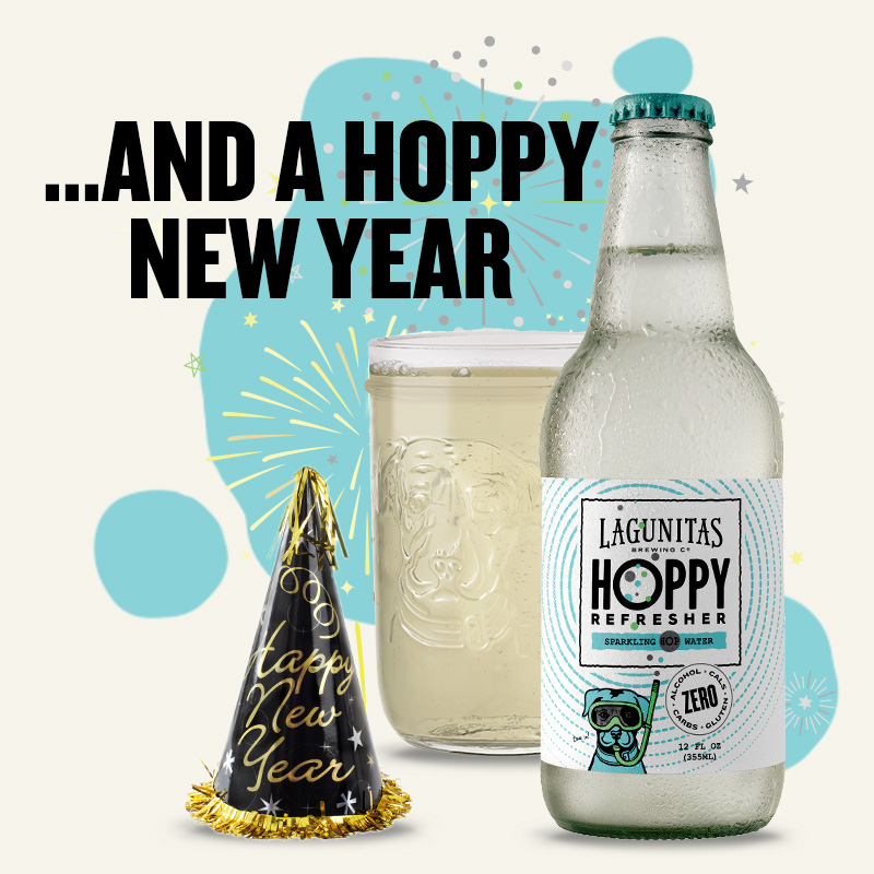Hoppy Refresher bottle next to a new year's party hat with text "and a hoppy new year"